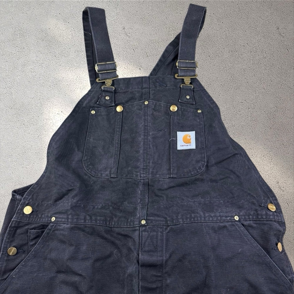 Vintage 90's Carhartt R01 BLK Black‎ Duck Double Knee Bib Overalls Size 42x30
